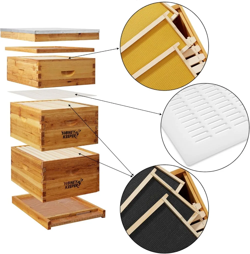 

Полный набор коробок Beehive 10 Frame, покрытый 100% пчелиным воском (вощеные коробки, 2 глубоких и 1 средних) с деревянными рамами и вощеным покрытием