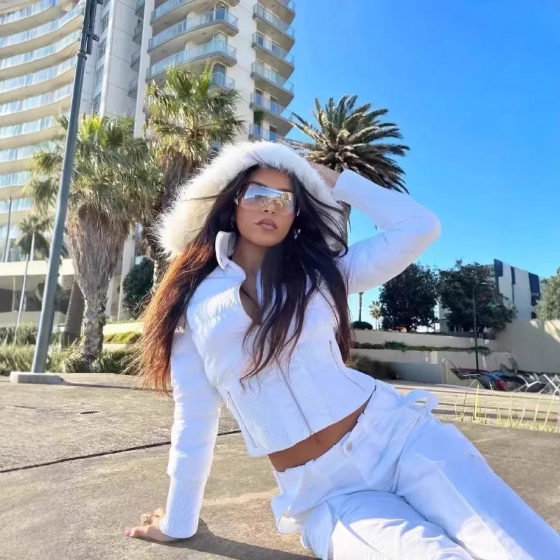 

Iia Spicy Girl Slim Fit ort Coat Detachable Hood Warm down Jaet European Sle Zipper Closure White Goose down Women's Coat