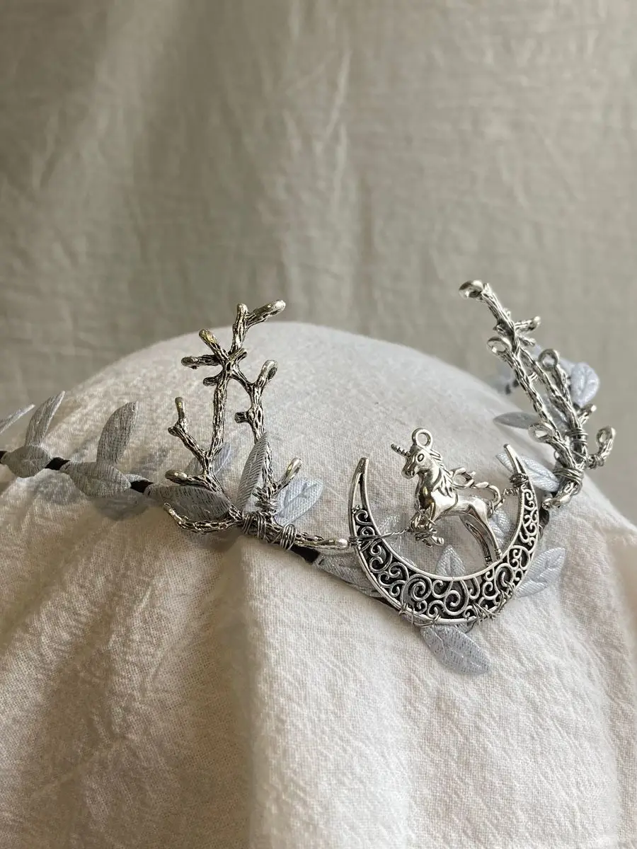 Handgemachte elf Einhorn Königin der Enchanted Woodland Tiara Stirn Headwear Mit Silber Blätter Zweige Crescent Moon Cosplay – Detail 3