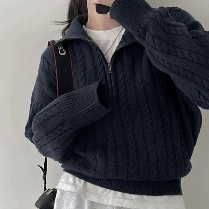 Korean Fashion Half Zipper Sweaters Women Vintage Twisted Knitted Crop Pullover Casual Sueter Mujer Long Sleeve Tops