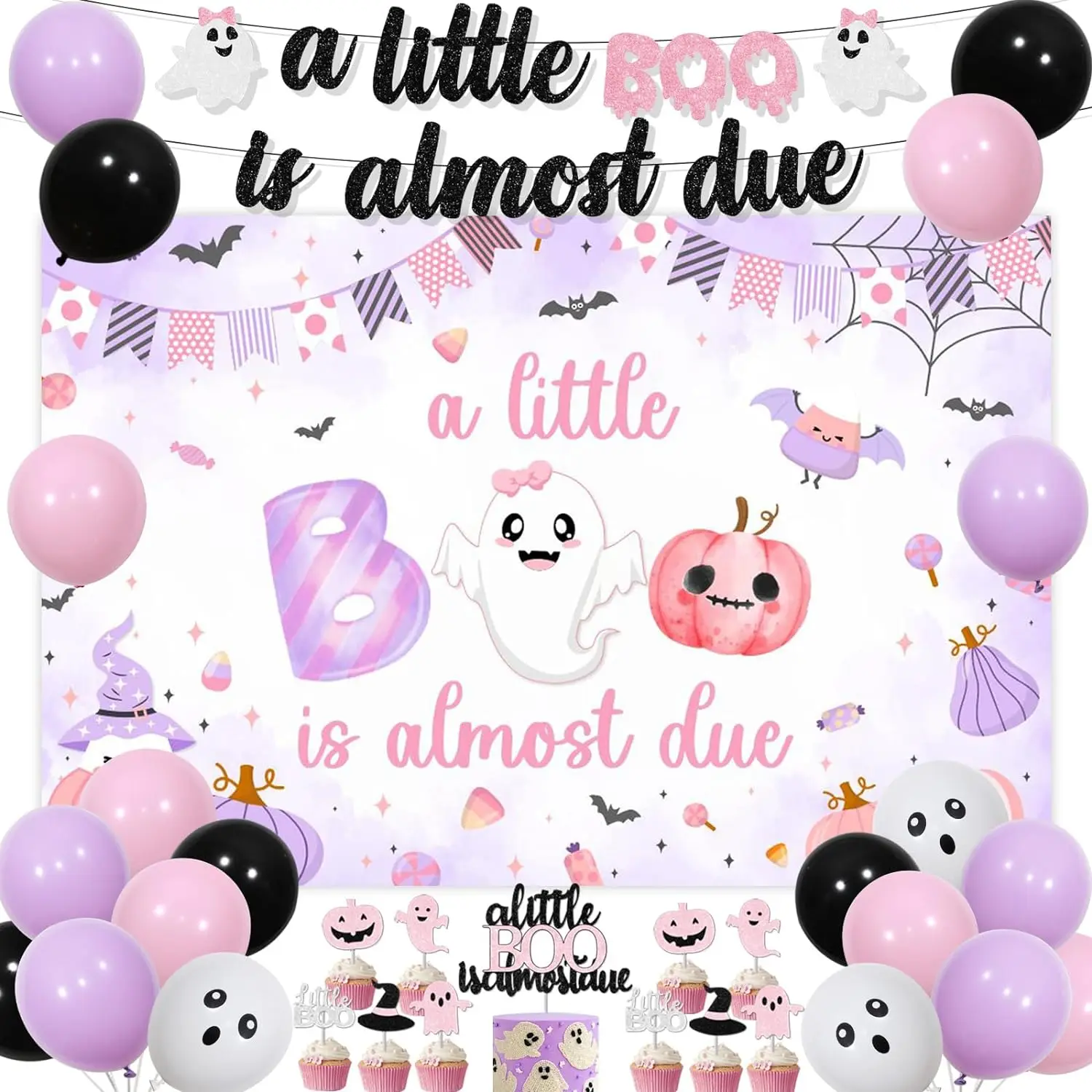 Pink and Purple Halloween Baby Shower Decorations for Girls A Little Boo Is Almost Due Banner Backdrop Ghost Balloons Kit