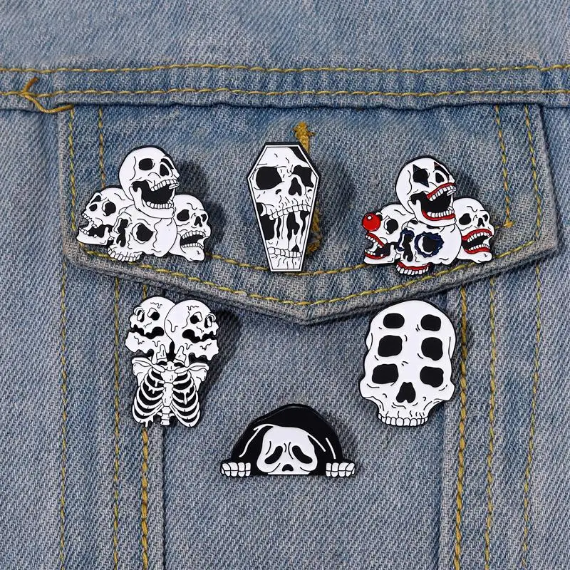 Death Skull Enamel Pins Custom Black Skeleton Brooches Lapel Badges Gothic Punk Hip-hop Jewelry Gift for Friends