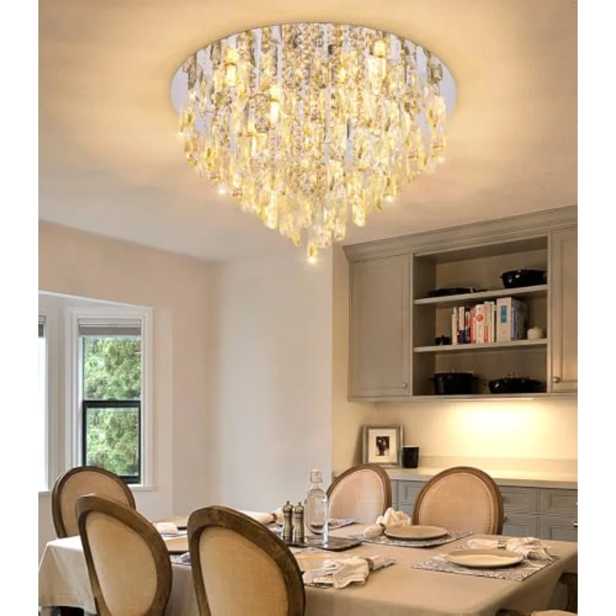 Modern Crystal Chandelier for Living Room Dining Room Dimmable LED Ceiling Light Fixture Silver