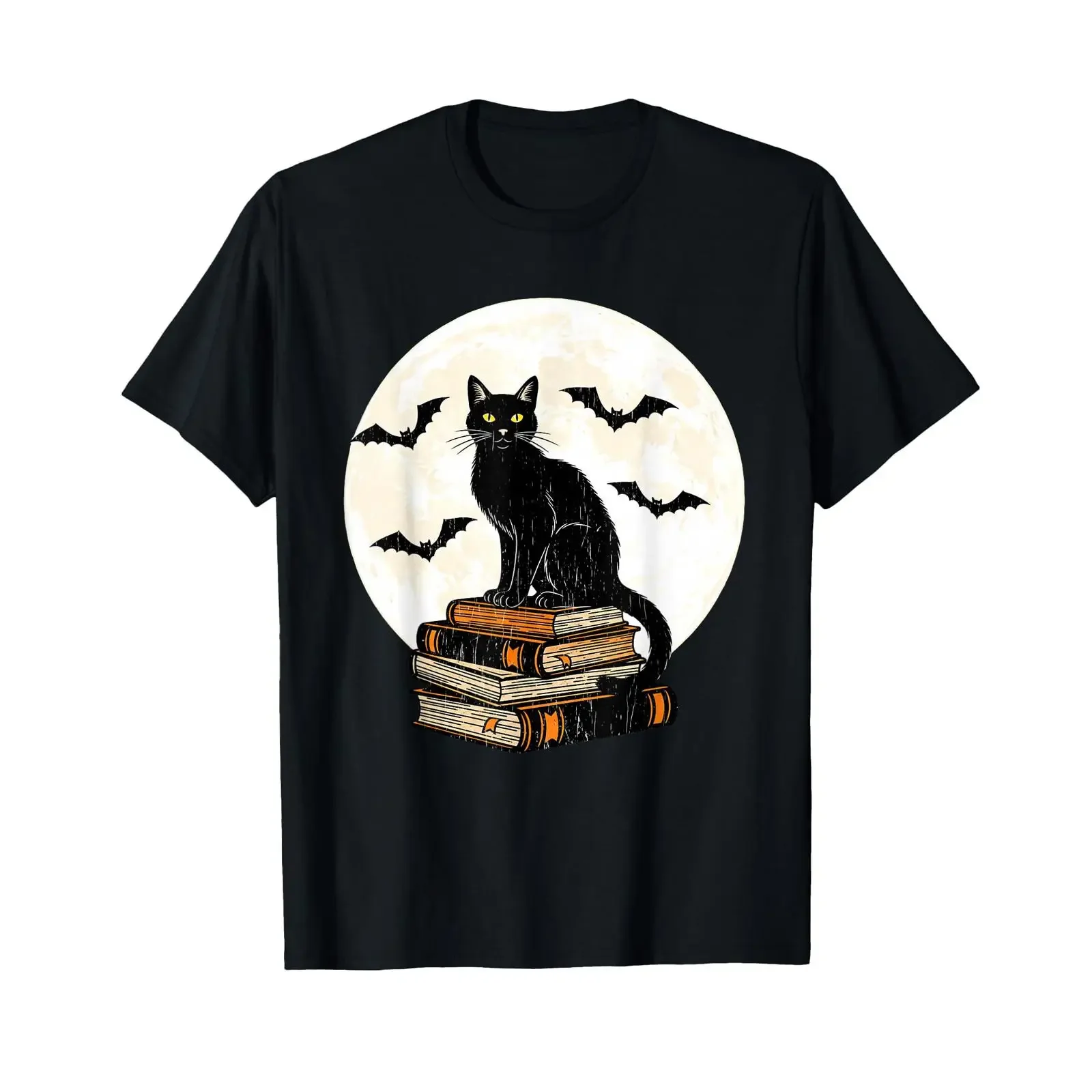 Black Cat Books Full Moon T-Shirt, Vintage-Waschung, Streetwear, bequem, vielseitig, dehnbar, atmungsaktiv, Designerkleidung für Herren