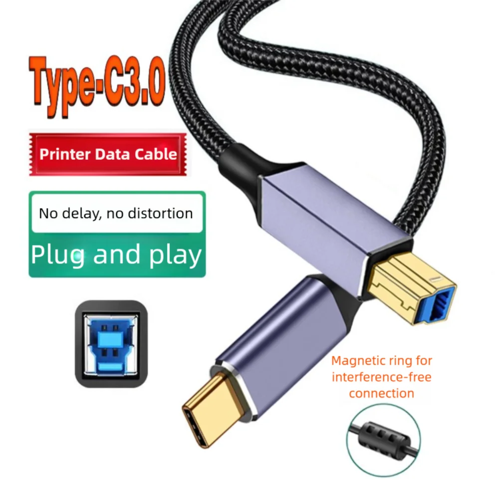 USB-C auf USB-B 3.0 Datenkabel, vergoldet, Typ-C Druckerkabel, robustes, geflochtenes Nylonkabel für Epson/HP/Canon