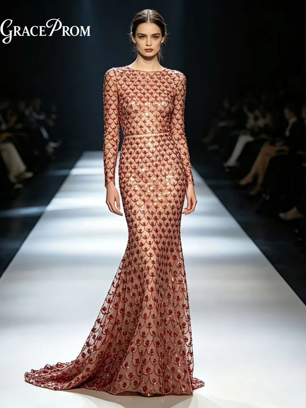 

Enchanting Ombre Red Scale Beaded Evening Gown Sleek Long Sleeve Sheer Mermaid Train Party Dress For Wedding Guests فساتين سهرة