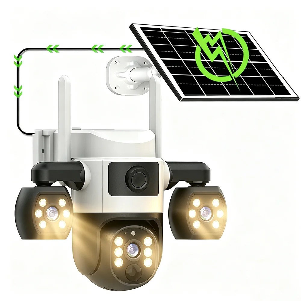 4G Solar-Kameras mit 3 Objektiven, wasserdichter Outdoor-Sicherheitsüberwachung, drahtlosem Auto-Tracking, Alarm-Push-Funktion, HD-Nachtsicht, PTZ-Monitor, 360° 4G SIM-Karten-Fernüberwachung,