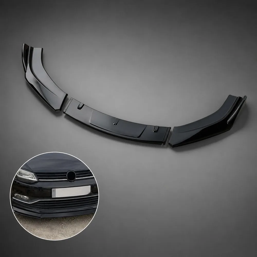 Universal 3-Section Glossy Black Carbon Fiber Texture Front Bumper Lip Splitter Side Skirt Spoiler Kit Anti-Collision