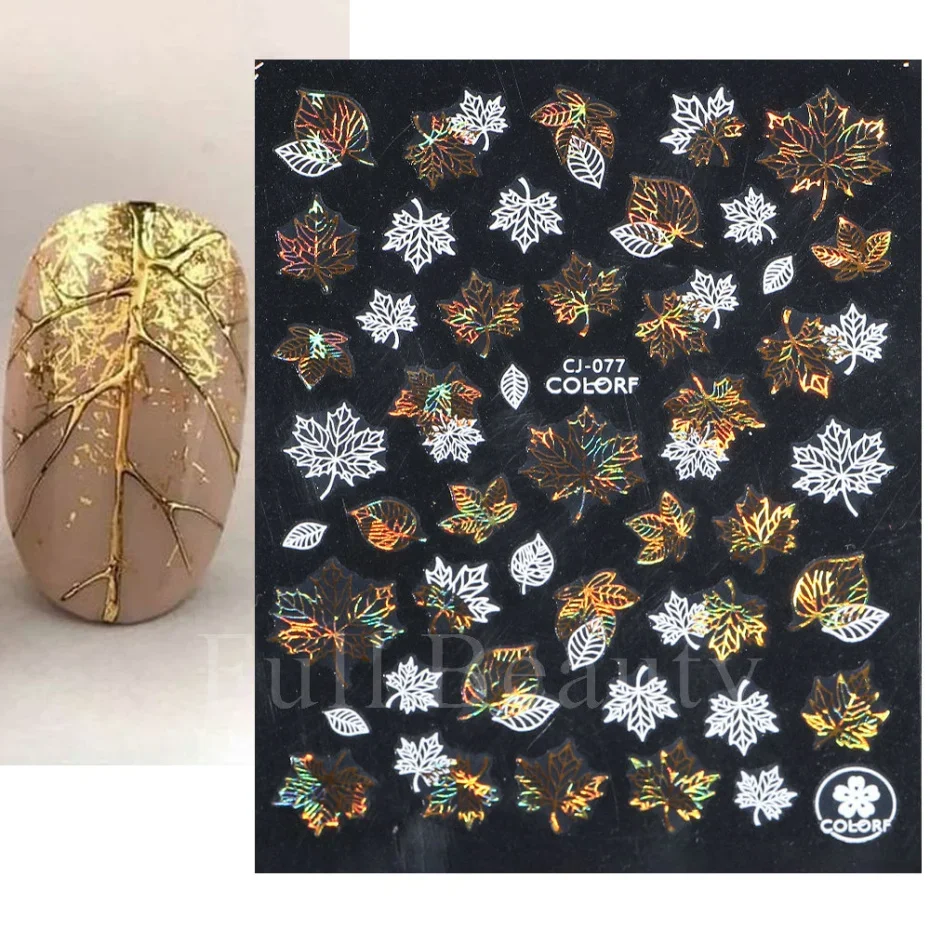 Autumn Manicure 2022 Stickers White Laser Gold Fall Leaves Decals Sliders Nail Art Decor Thanksgiving 3D Adhesive Foils CHCJ077