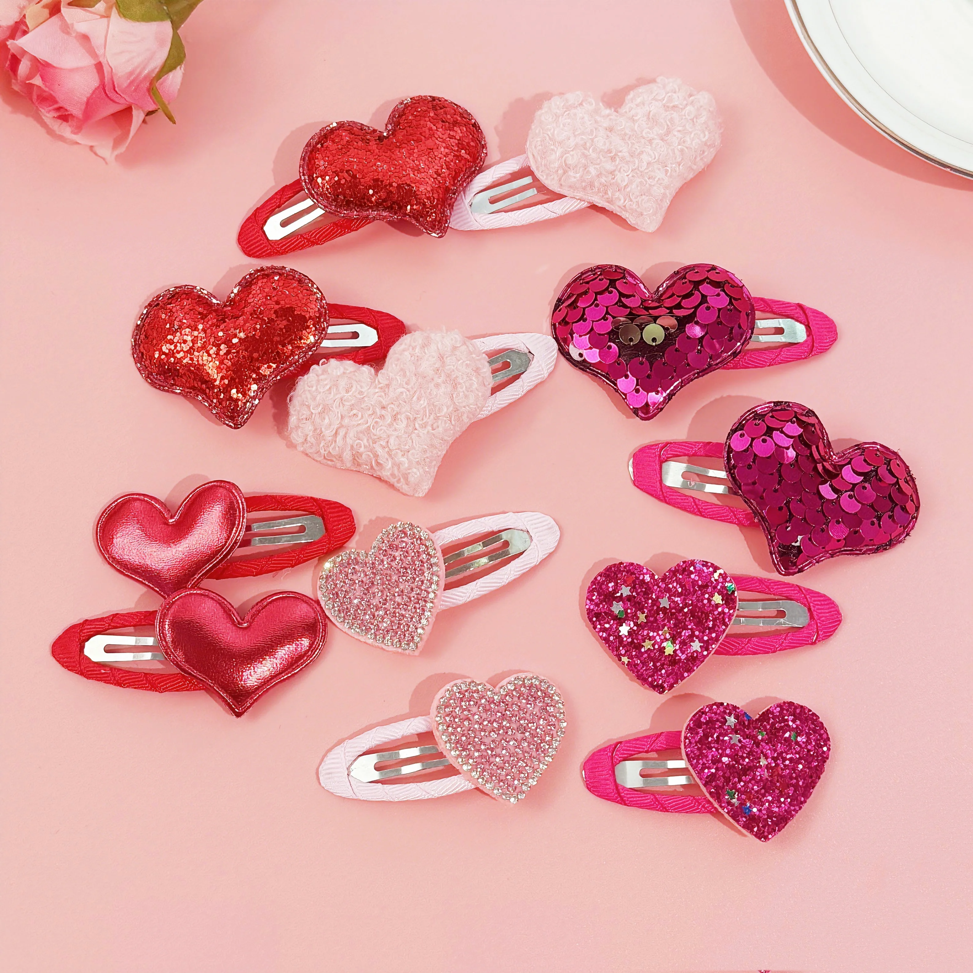 12pcs Valentine's Day Hair Clips Girls Bristal Heart Barrettes Clips Ribbon Snap Heart Hair Clip Kids Girls Hair Accessories view 4