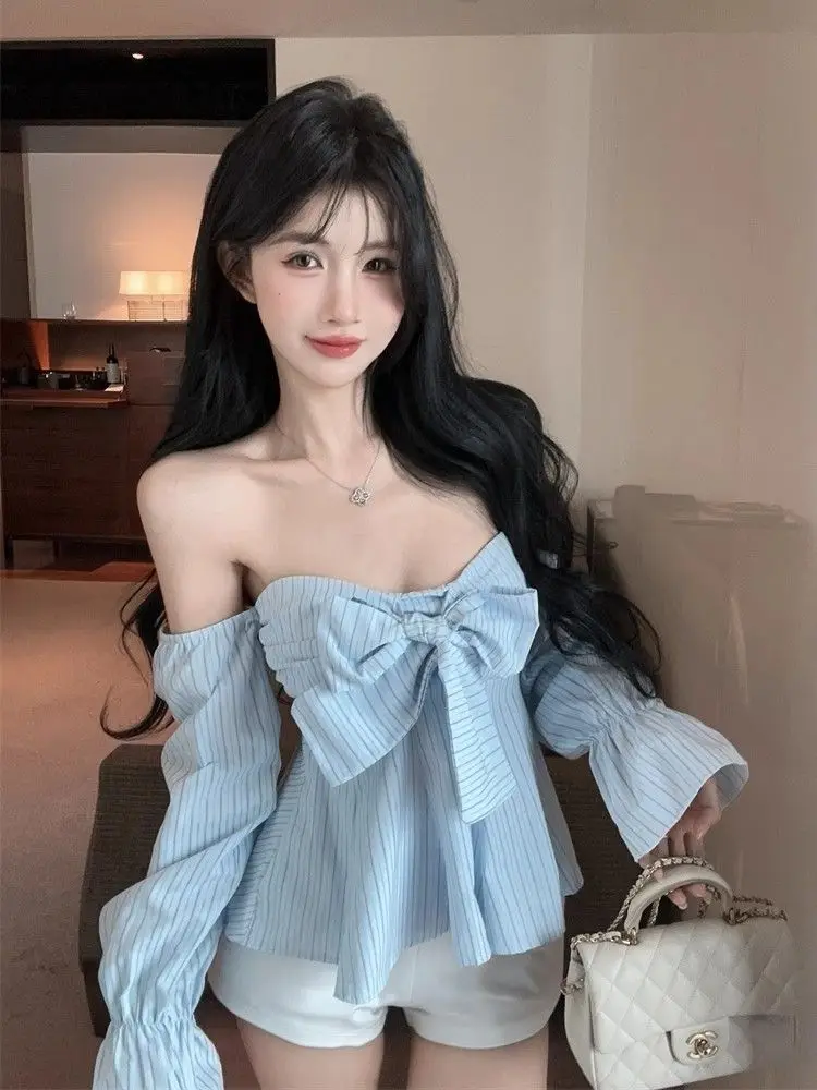 

Three Dimensional Bow Design Sense Blue Striped Shirt Women's Spring And Summer New Off Shoulder Flared Sleeve Trendy Top