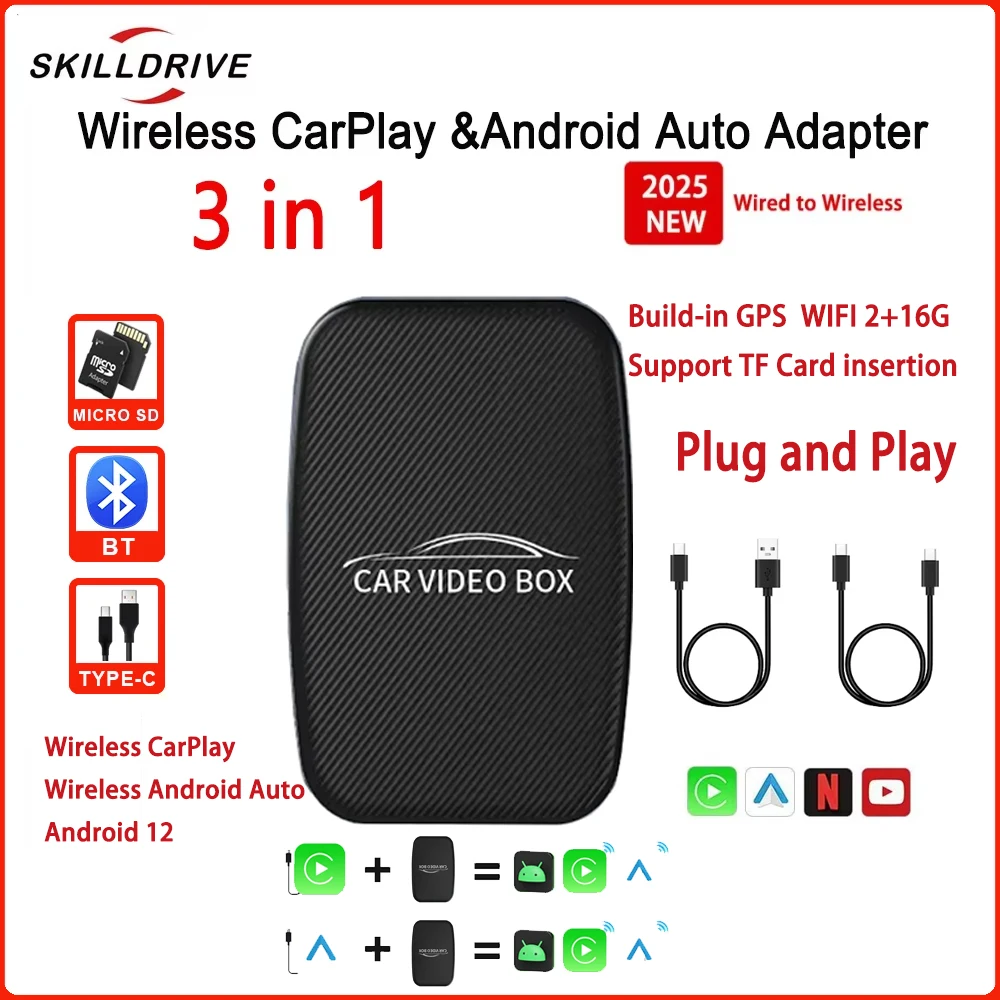 

SKILLDRIVE 3 in 1 Car Ai Box Wireless CarPlay Android Auto Adapter Android TV Box on Youtube Nexflit Car Intelligent System