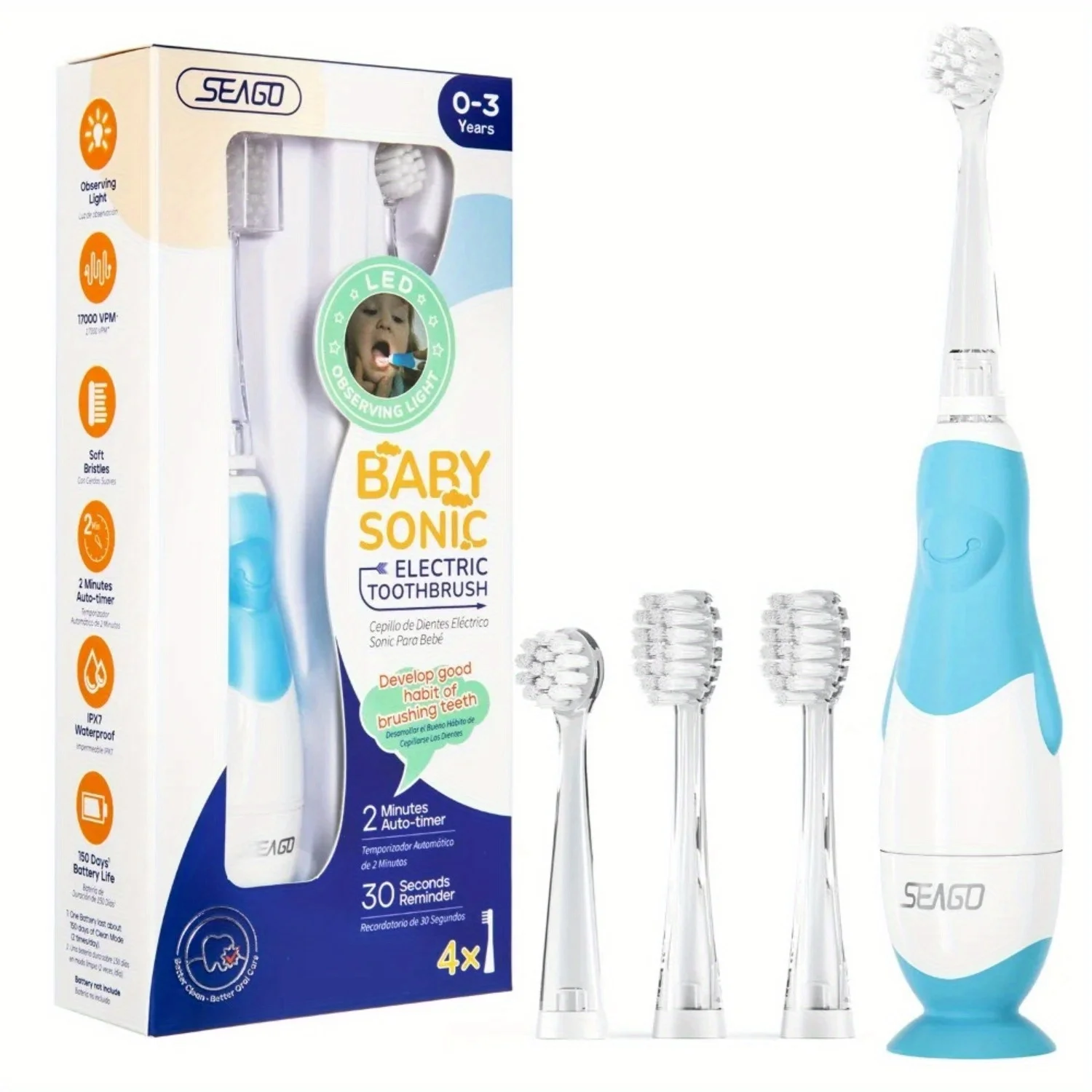 1/2 pc Seago513 Kids Sonic Electric Toothbrush 2 Mins Smart Timer Children Sonic Tooth Brush Colorful Led Light  Waterproof Gift