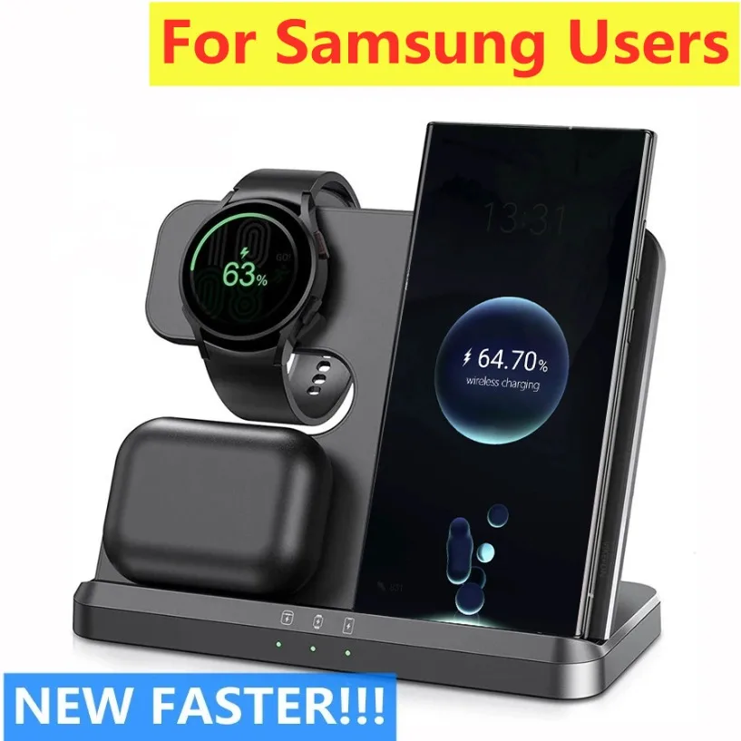 

Беспроводная зарядная станция 3-в-1 для Samsung S26 S25 Fold 6/5/4/3, Galaxy Watch 6 4 Pro Active 3/2, Buds