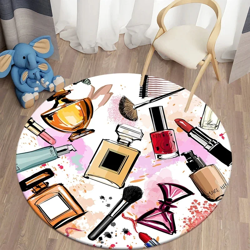 Nail Polish Lipstick Round Carpet Fashion Elegant Female Makeup Cosmetics Rug for Living Room Bedroom Doormat Non-Slip Floor Mat