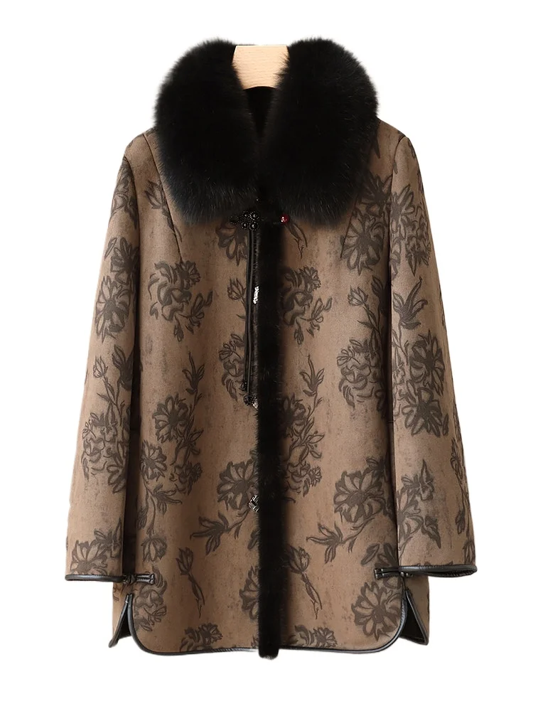 

Новое китайское пальто в национальном стиле с принтом, с воротником из лисьего меха, для женщин среднего и пожилого возраста, из овечьей шерсти с меховой подкладкой.