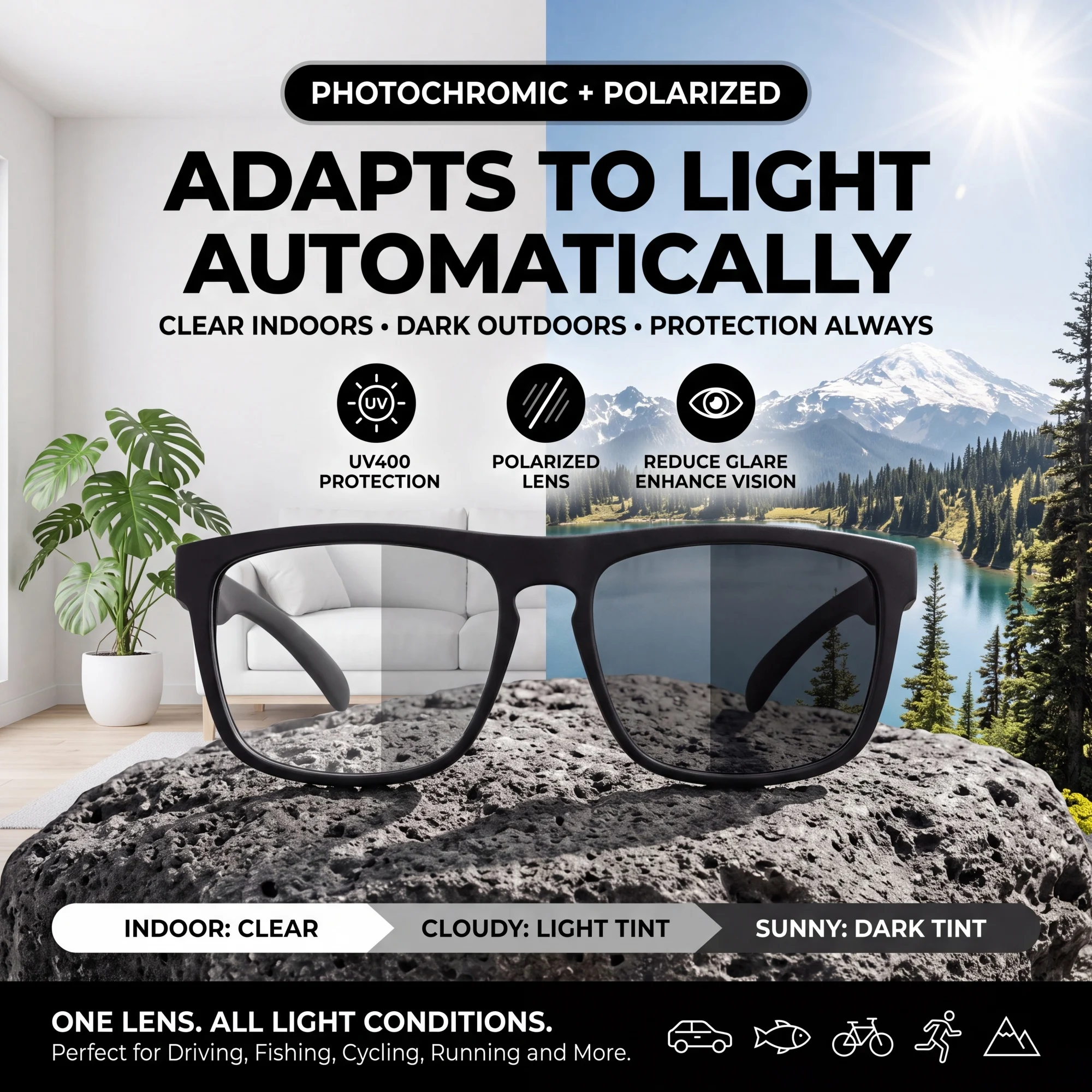 Sportliche Photochrome Polarisierte Sonnenbrille Unisex Klassischer Quadratischer Rahmen UV400 Blendschutz Ganztägiges Tragen zum Fahren Angeln Radfahren – Detail 1
