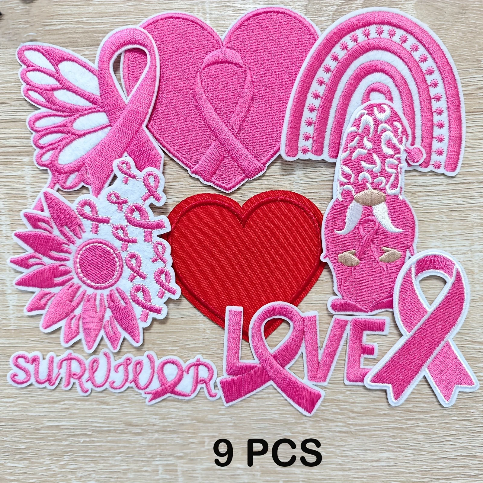 AXEN 9PCS Love Healthy Woman Cinta rosa para planchar en parches bordados para ropa, bolsos, sombreros, etc.