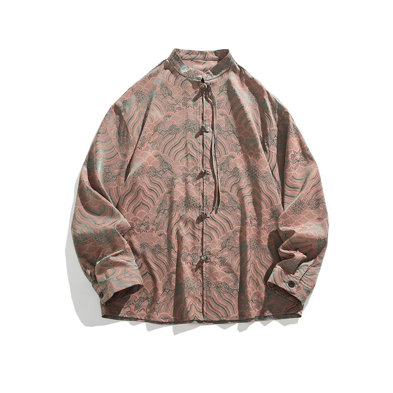 

Autumn New Chinese Style, Seawater River Cliff Jacquard, Chinese Style Men's Clothing, Retro Buckle, Long-sleeved Shirt