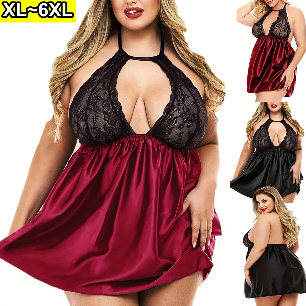 

Sexy Nightdress Women's Floral Jacquard Hollow Out Satin Halter Neck Sleep Dress Plus Size Lingerie Erotic Lencería Femenina