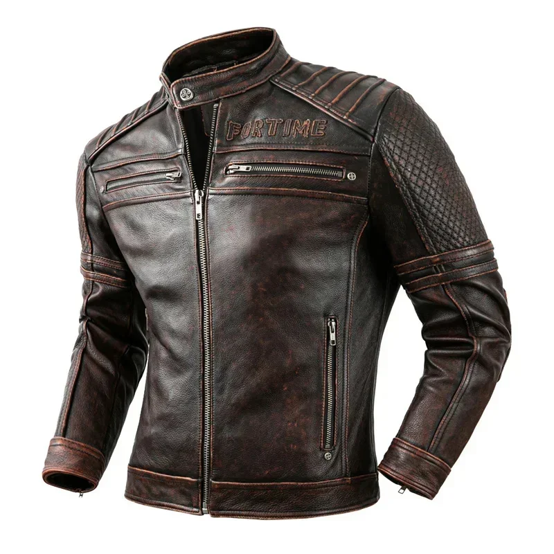 Men's Vintage Biker Jacket Top Layer Standing Collar Cowhide Motorcycle Classic Stone Milled Calfskin Moto Riding Suit