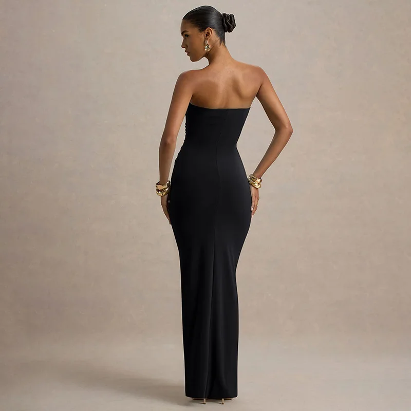 STIJLVOLLE DAME Party Maxi Jurk 2023 Herfst Vrouwen Strapless Backless Bodycon Gedrapeerde Sexy Club Lange Solid Vestidos De Festa