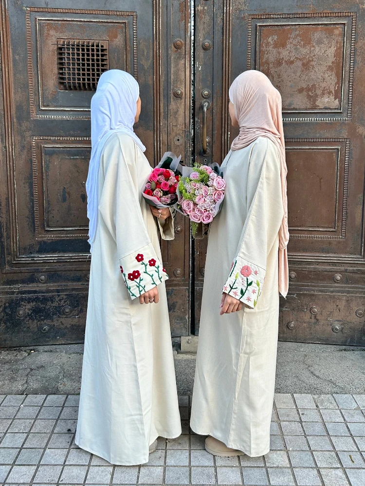 Floral Embroidery Closed Linen Abaya Dress Muslim Abayas for Women Dubai Elegant Turkey Africa Islam Clothes Kaftan Hijab Robe