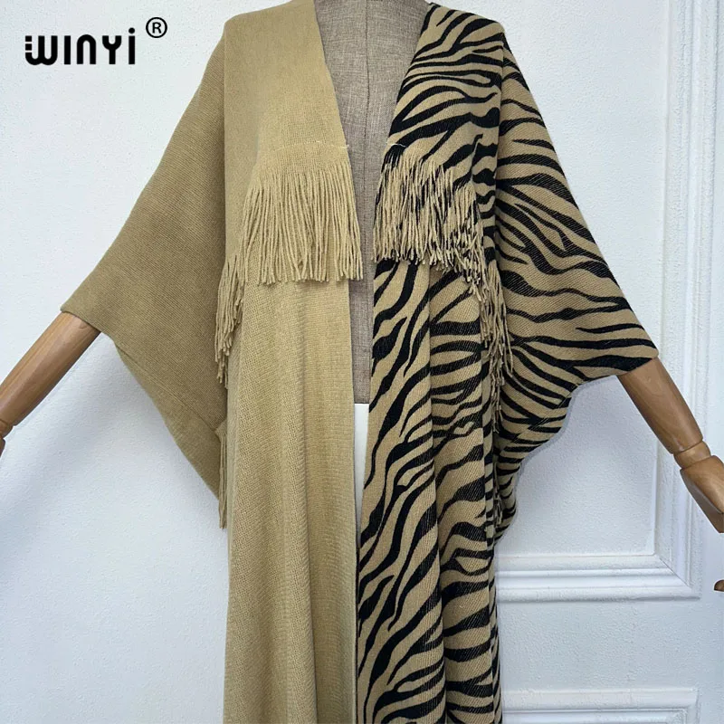 WINYI-Casaco de malha com estampa leopardo para mulheres, cardigã maxi, vestido de festa, casaco grosso quente, moda feminina, inverno