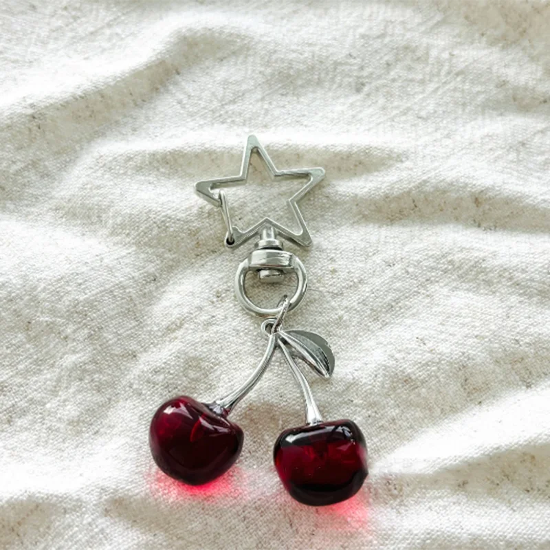 Y2K Red Cherry Keychain - Cute Cherry Bag Charm Star Keyring Purse Backpack Accessories Decor for Women Kawaii Cherry Key Chain