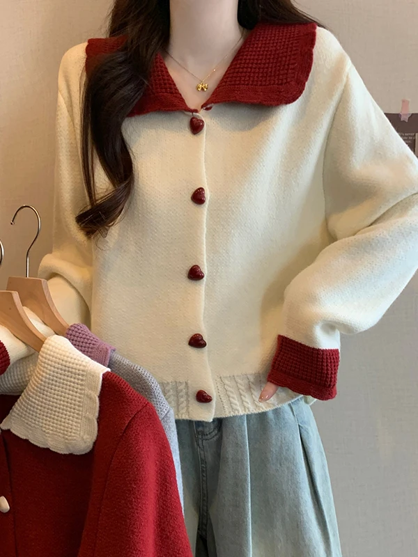 

Корейский красный вязаный кардиган с воротником Питера Пэна и цветными блоками для женщин, осенний серый офисный свитер в стиле Харадзюку с уникальными пуговицами, топ