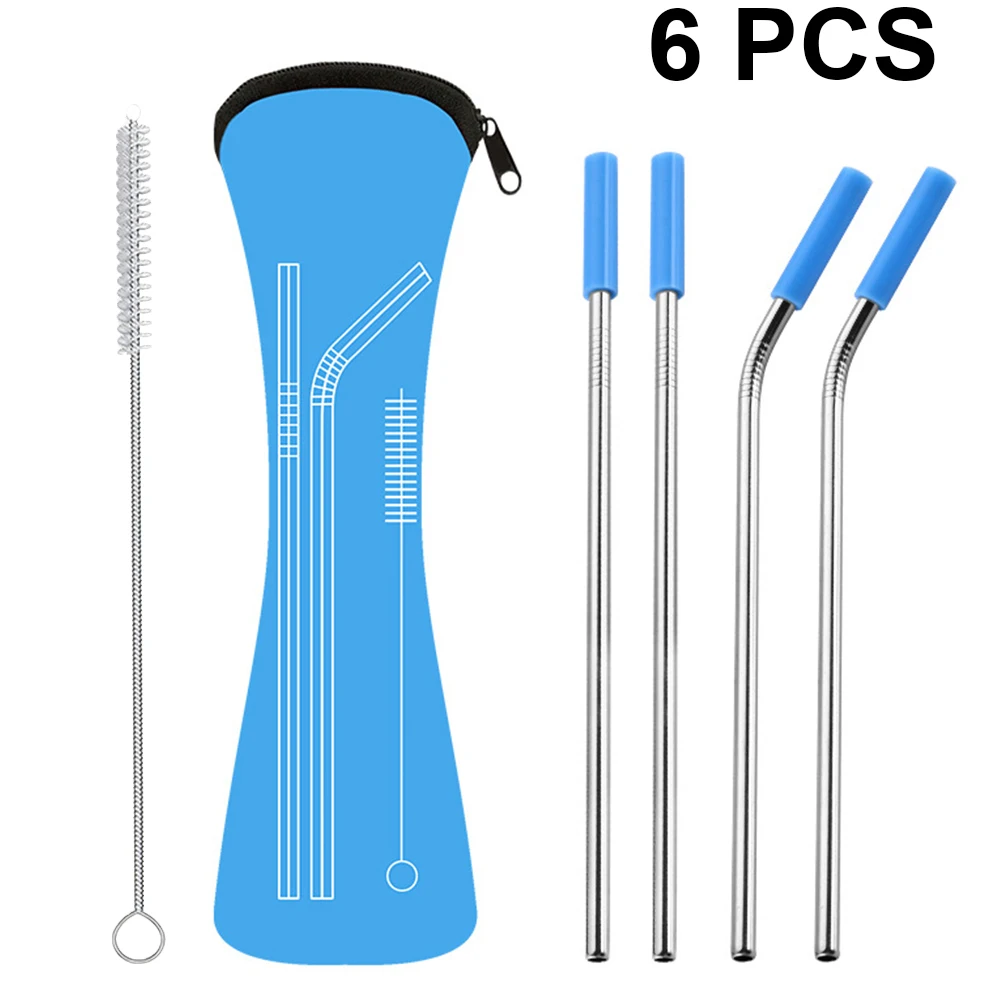 Paket Sedotan Stainless Steel Set Pengisap Minum Sedotan Anti Gores dengan Ujung Silikon