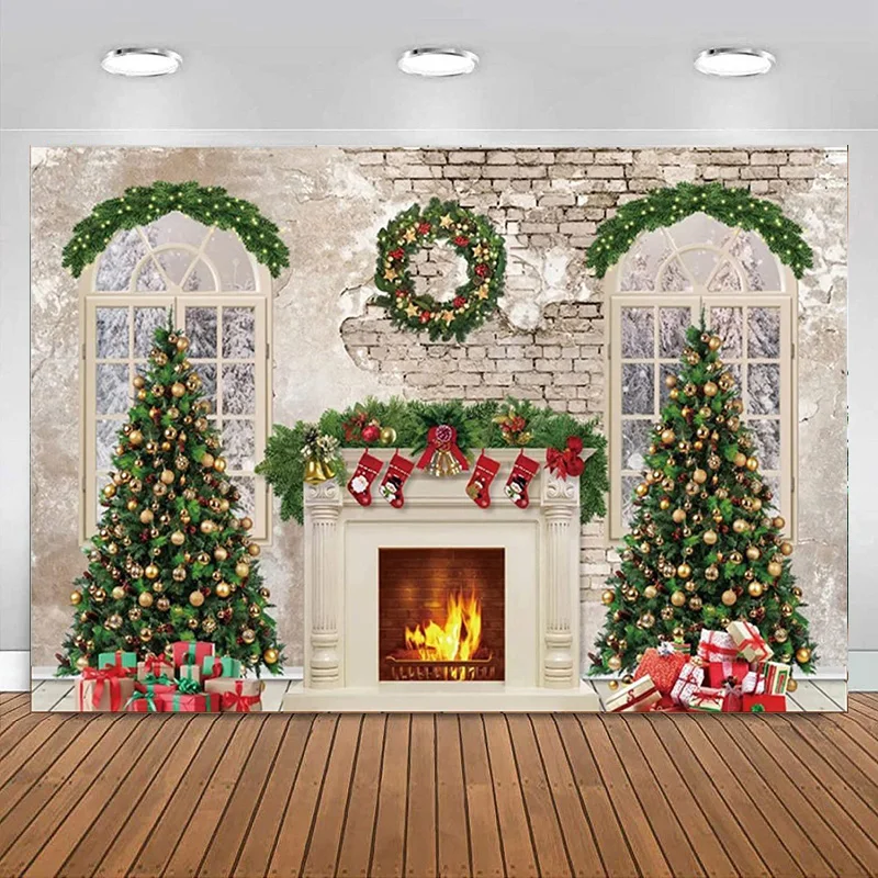 

Christmas Fireplace Backdrop Trees Red Socks Gifts Vintage Wall Photography Background Merry Xmas Winter Party Banner Decoration