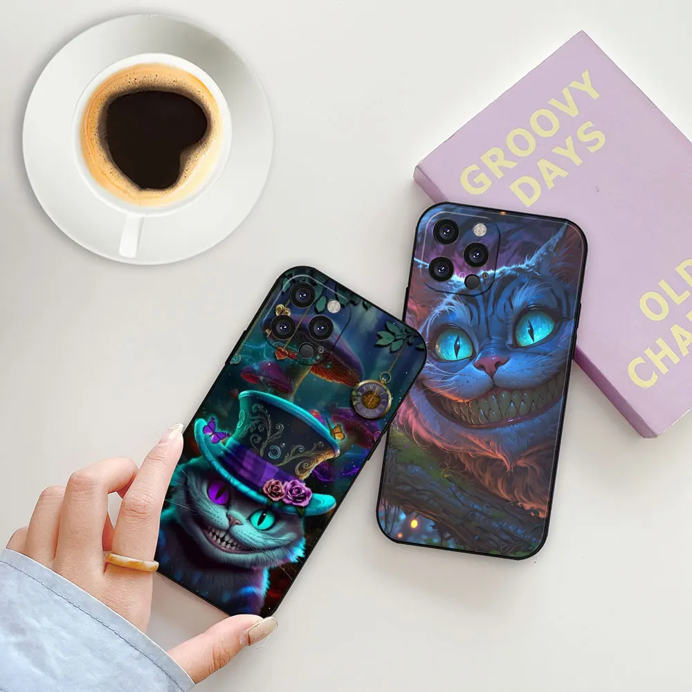 Cheshire Cat Alice in Wonderland Funda For iPhone 15 14 ProMax 13 12 Mini 11 Pro 7 8 Plus XS Max XR X SE Phone Case Black Cover