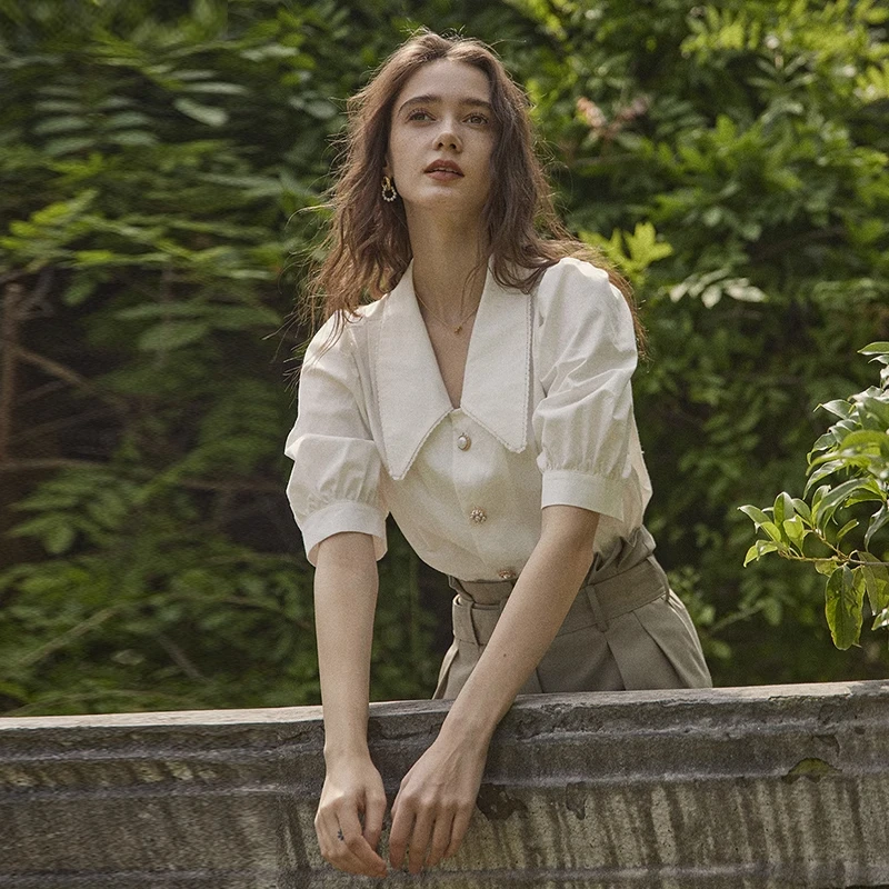 Retro Bubble Sve White irt Design estivo da donna Sense Small Cro ort Sve Colletto superiore Taglio dritto Pendolarismo Sle