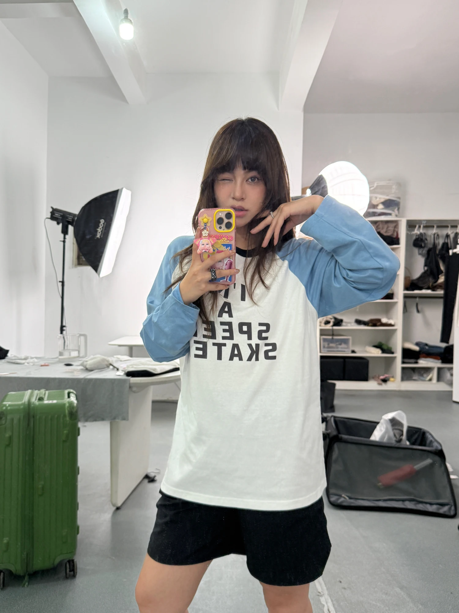 

3ts Early Autumn Spliced T-irt Blue White Color Blo Letter Print round Ne Pure Cotton Ladies Casual Loose Fit Top