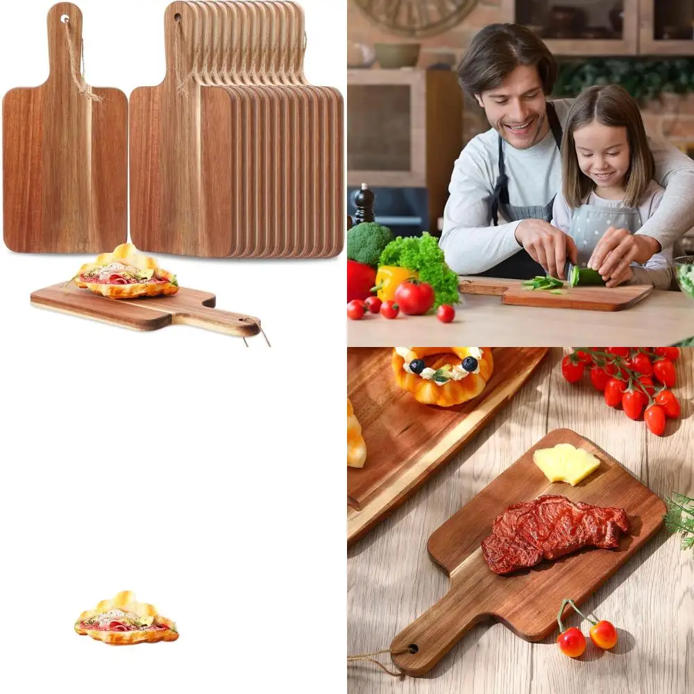 

Set of 16 Acacia Wood Chopping Boards with Handles - 12x6 Inches for Kitchen Use & Serving Platters