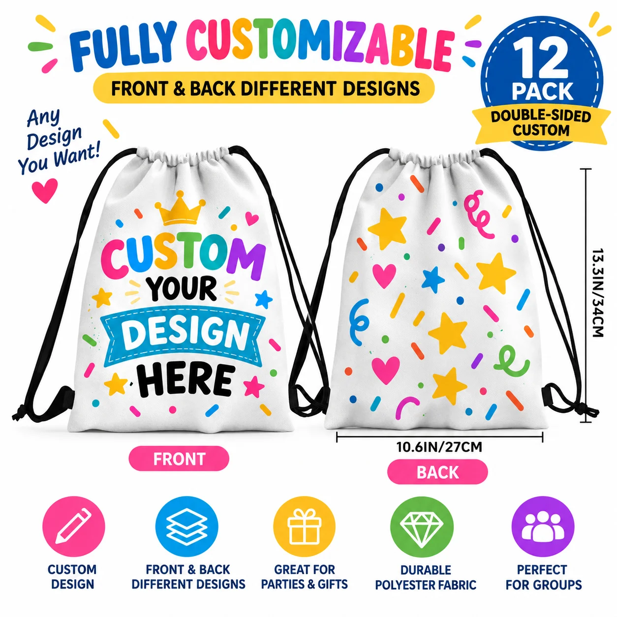 Custom Drawstring Bags Set 12 Pcs, Double Sided Customizable, Personalized Print Drawstring Backpack for Party Decor, 27x34cm