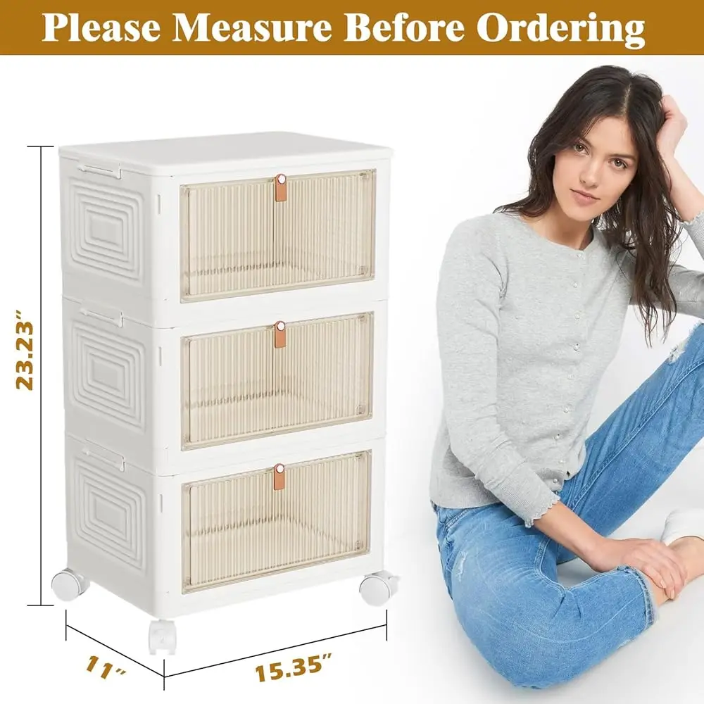 3 Tier Plastic Storage Bins With Lids 23Qt, Stackable Storage Containers With Wheels, Folding Storage Boxes, Collapsible