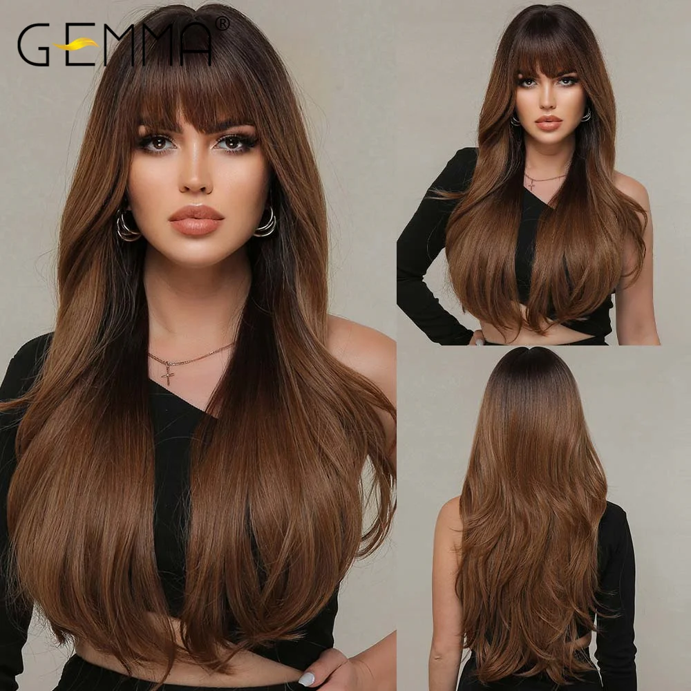 

GEMMA Long Ombre Black Brown Wave Synthetic Wigs with Bangs Cosplay Wavy Wig for Women High Temperature Natural Fake Hair Wig