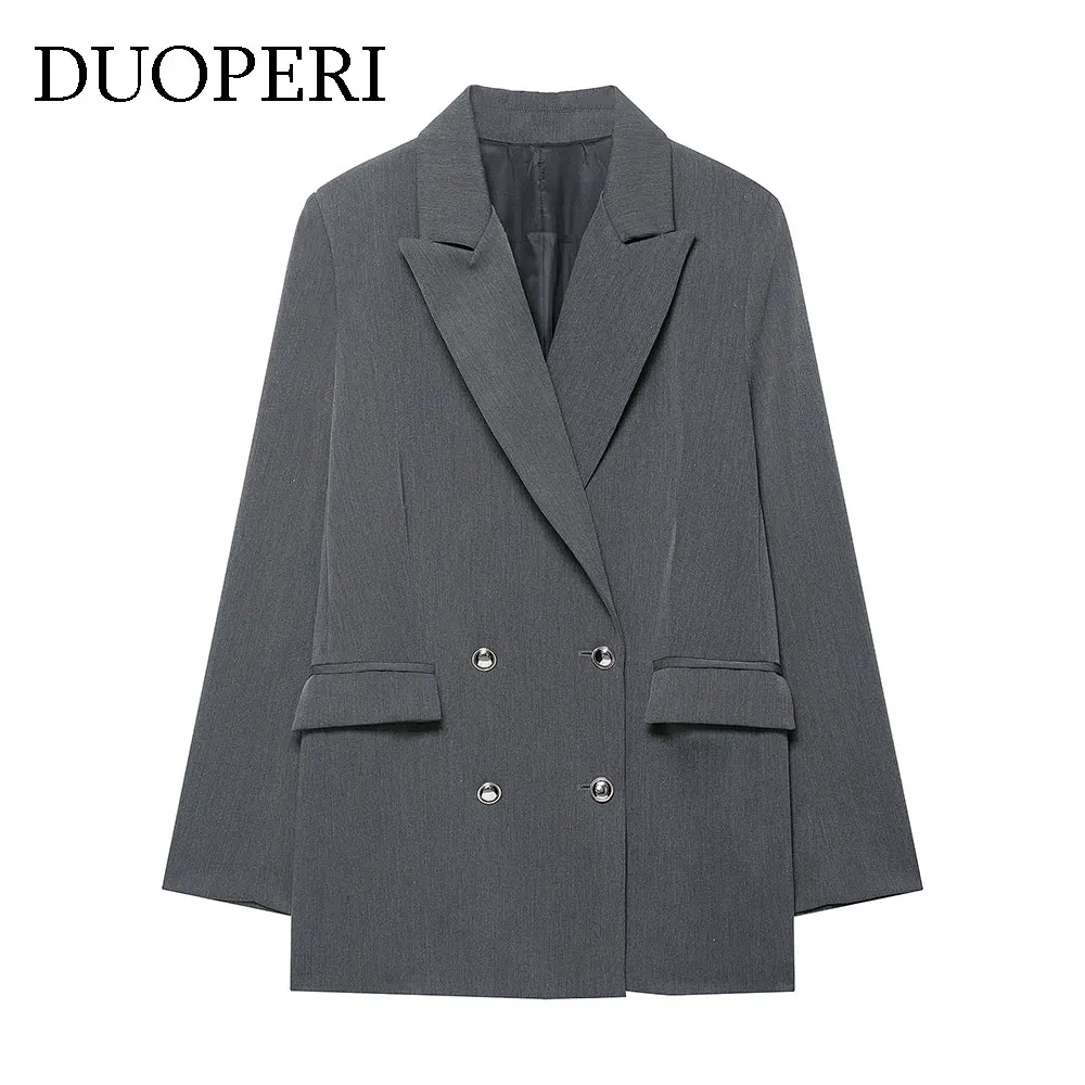 

DUOPERI женский серый блейзер модный с карманами двубортный с длинными рукавами и зубчатым вырезом женские офисные женские наряды