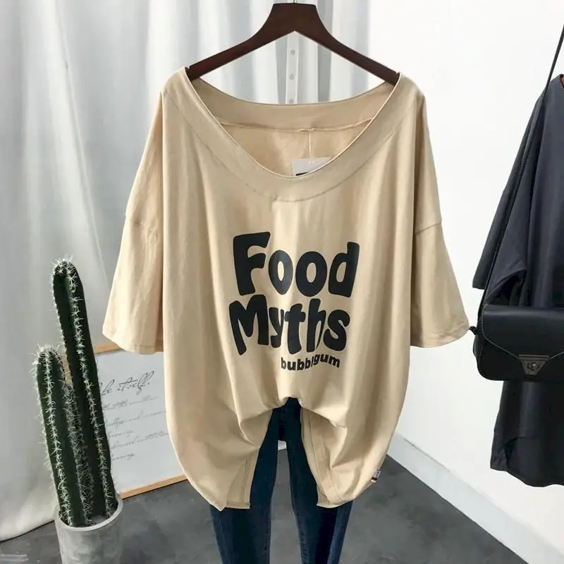 Summer Short-sleeved T-shirt Women Korean Style Fashion Trend Low Neckline Loose Large Size V-neck Collarbone Thin T Shirt Tops