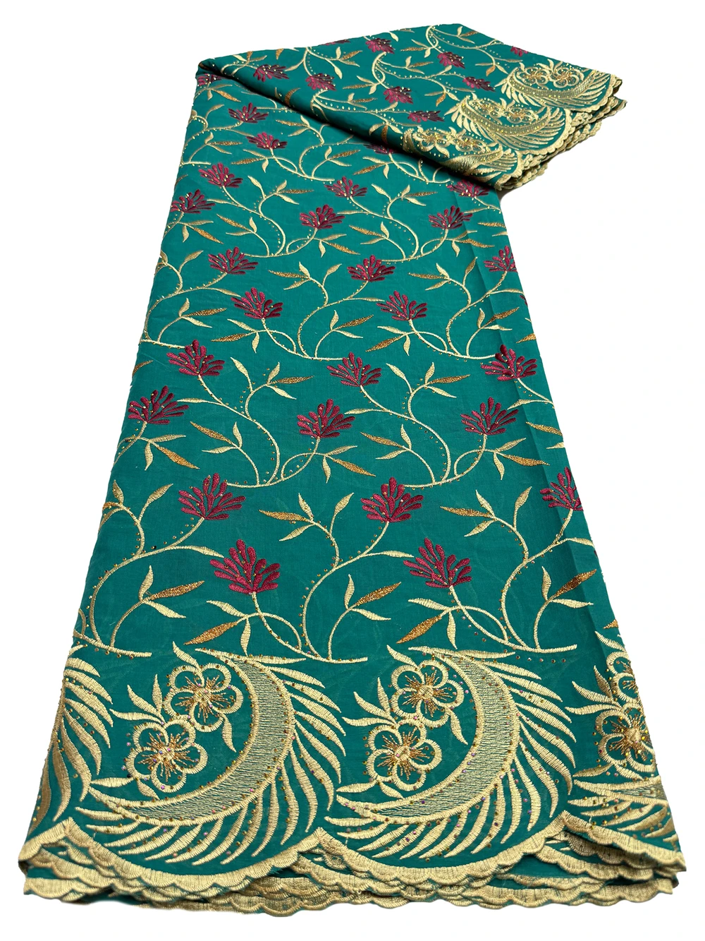 ナイジェリア産コットンレース生地、ストーン刺繍入り花柄スイスボイルレース、ブライダル、イブニングパーティードレス用