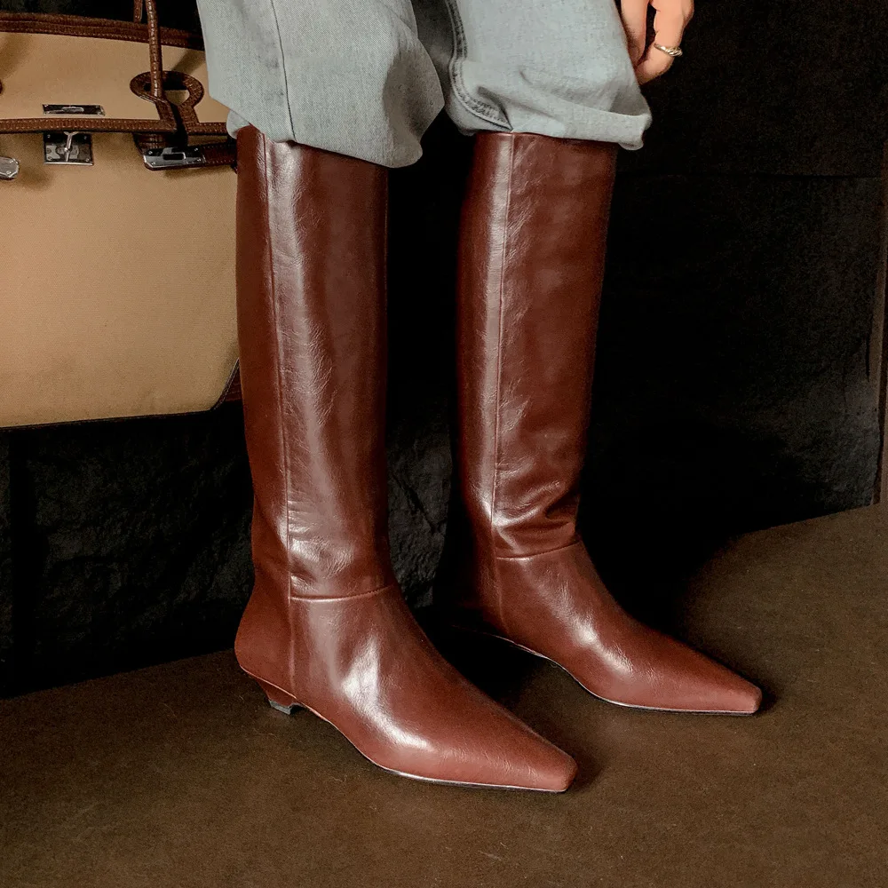 Arden Furtado Autumn Cowhide black knee high boots for women Square-head  chunky heels  Riding boots Simple style Large size