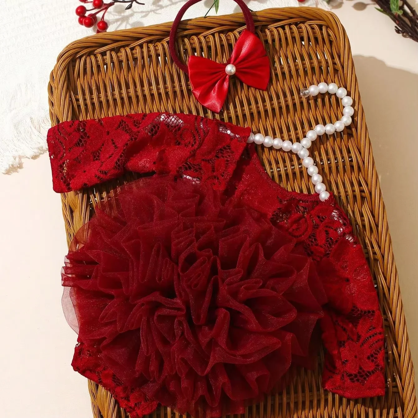 Ylsteed Newborn Lace Flower Headband And Bodysuit Set For 100th Day Baby Photoshoot Outfit Infant Photo Prop Baby Shower Gift-HD view 3