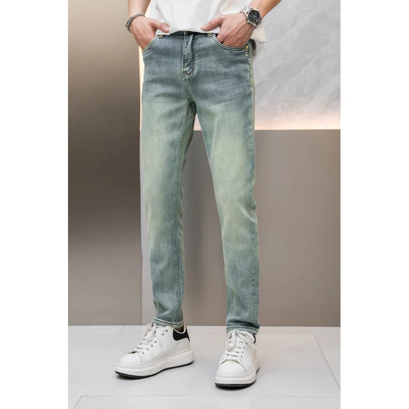 2024 retro blue green high-end jeans men's light luxury casual versatile Korean style slim-fitting small straight stretch long