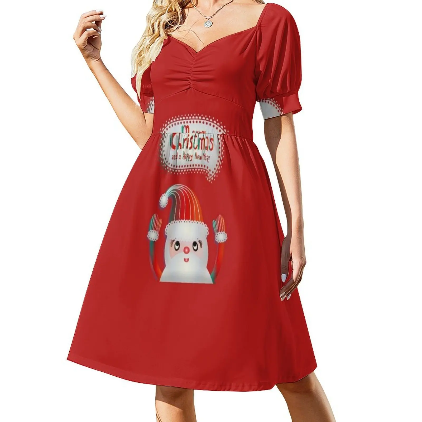 سانتا عيد ميلاد سعيد ورأس السنة الجديدة السعيدة فستان حفلة أنيق للنساء فستان على شكل حرف a مع خيارات قصيرة/طويلة/بدون أكمام سانتا #2