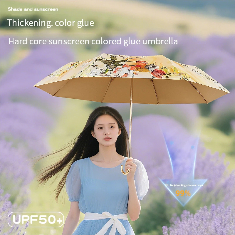 Pintura al óleo francesa, sombrilla pequeña de tres pliegues con gancho dorado, protección contra ultravioleta, paraguas de lluvia para mujer, paraguas pequeño