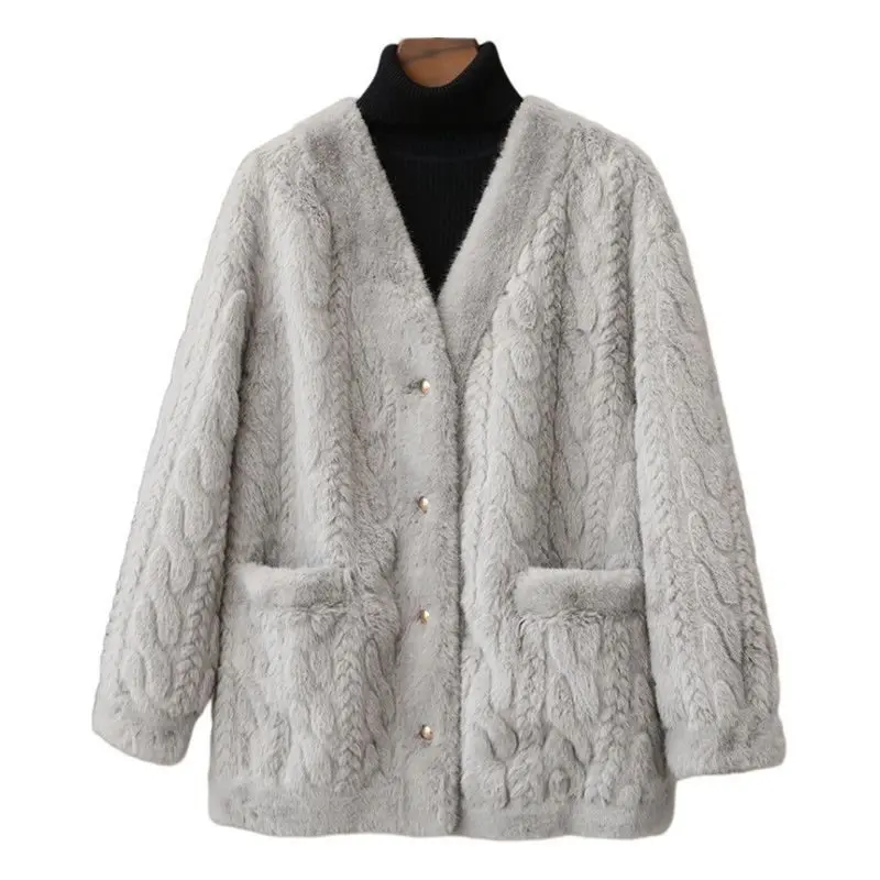 環境保護ファー付きコート レディース 2025 春秋冬新作 気質アップ モコモコジャケット Vネック 厚手アウター 女性用