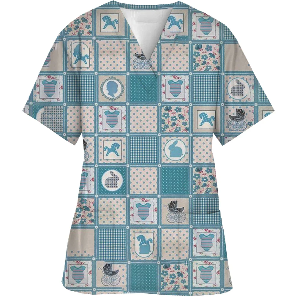 Obstetric nurses, pediatric nurses, uniform, short sleeved V-neck top, healthy waist pocket shirt for women