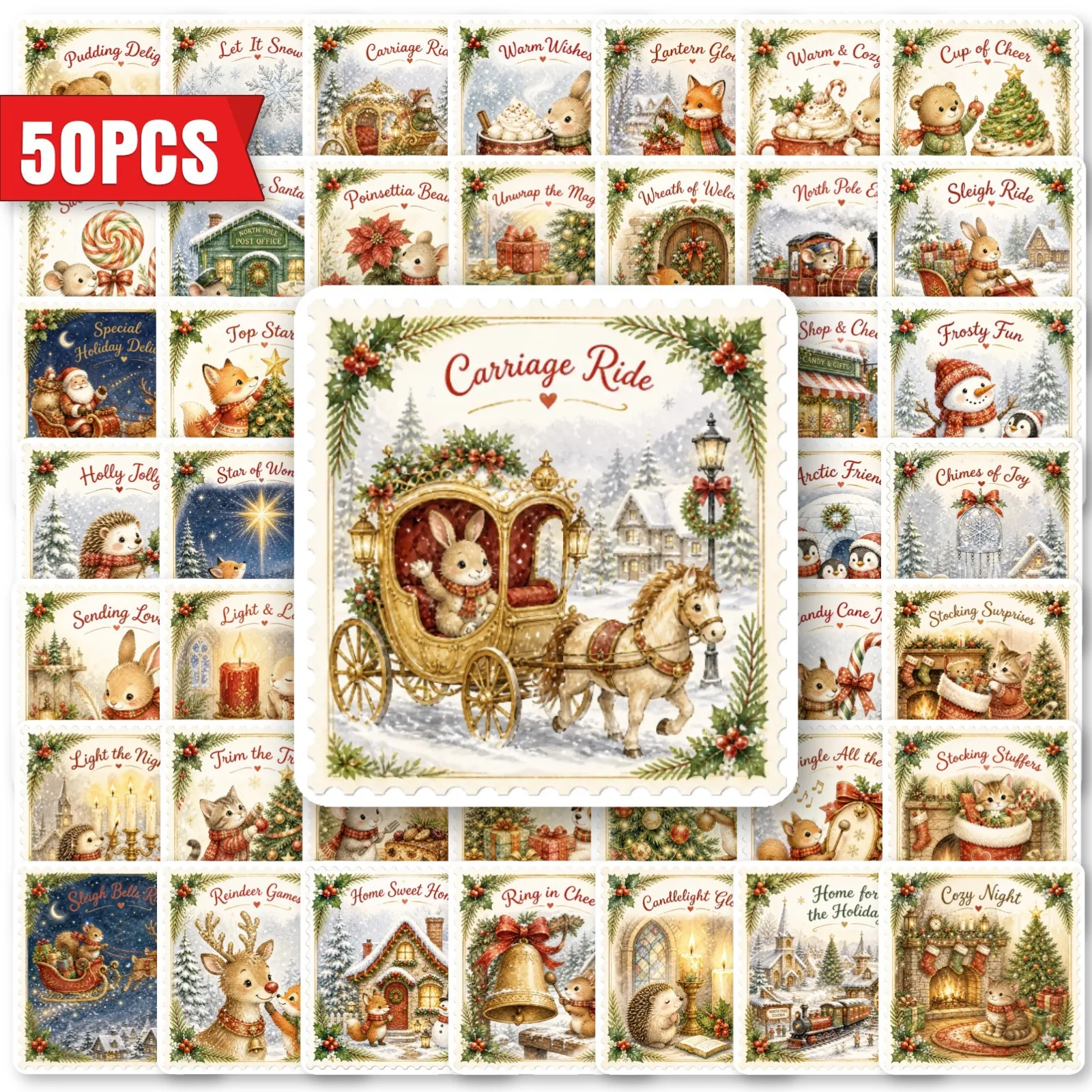 50PCS Retro Christmas Holiday Atmosphere Decorative Stickers Decorate Gift Box Hand Account Greeting Card Window Removable Decal